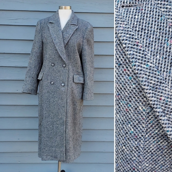 Vintage 80s Pendleton Blue Black Gray Barleycorn Tweed Wool Trench Coat 12 - Picture 7 of 8
